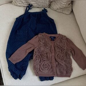 babyGap Mocha Floral Cardigan and Blue Polka Dot Jumpsuit